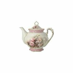 a white tea pot with pink flowers on the side and a pink trim around the top