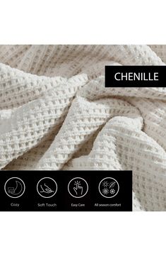 an image of a white blanket with the name chenille on it and instructions for how to