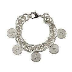 Celebrate your family with our timeless and classic Preston bracelet adorned with 5 metal Dalton Charms with the initials of your choice. One for each beloved family member. Your charms will be equally spaced along the length of the bracelet. (Please specify in your order notes if you would like them to be arranged differently.) Measurements (approximate): Bracelet - 8" length (20.3 cm) Small Charm - 3/4" (19 mm) diameter Medium Charm - 1" (2.5 cm) diameter Materials: Steel with gold or silver finish Personalized Silver Charm Bracelet With Initials, Silver Bracelets With Initials For Everyday, Everyday Silver Bracelets With Initials, Classic Silver Charm Bracelet For Personalized Gift, Silver Adjustable Monogram Bracelet, Classic Silver Monogram Bracelet, Silver Monogram Bracelet With Adjustable Fit, Adjustable Silver Monogram Bracelet, Personalized Monogram Silver Bracelet