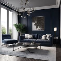 a living room with dark blue walls, white curtains and a chandelier hanging from the ceiling