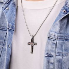 This rugged cross necklace serves as a daily testament to his faith. Sterling silver Features round-cut black spinel and black leather accents 24-inch popcorn chain with lobster clasp Black Cross Pendant Jewelry For Father's Day, Rugged Cross, Fan Jewelry, Anniversary Necklace, Sterling Silver Cross Necklace, Diamond Wedding Rings Sets, Leather Accents, Black Spinel, Leather Cross