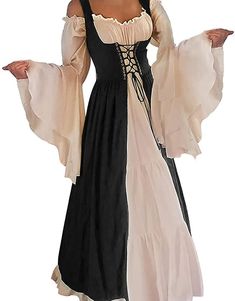 PRICES MAY VARY. Chemise and Over Dress: This womens medival renaissance costume two-piece set including a flare long sleeves chemise dress, a off the shoulder renaissance overdress and 4 drawstring. Lacing-Up Adjustments: The lacing-up at the front and with corset the waist back which are adjustable to fit your figure. The 2 shoulder ties ensure that the overdress does not fall off from shoulder and also stylish. Fabric: This renaissance dress lightweight soft fabric. Elasticized neckline with Vestidos Medieval, Medieval Corset, Aesthetic Medieval, Masquerade Party Dresses, Irish Costumes, Bridal Sleeves, Viking Aesthetic, Pirate Dress, Viking Warriors