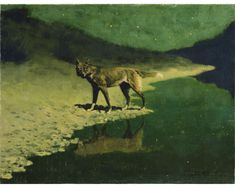 a painting of a wolf standing on the edge of a body of water with mountains in the background