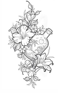 a drawing of a bottle with flowers on it