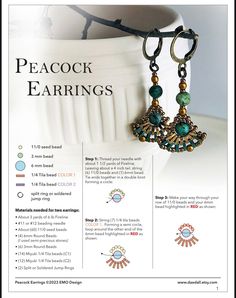 the instructions for peacock earrings are shown