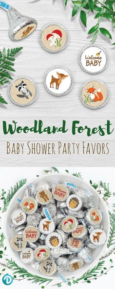 the woodland forest baby shower party favors are on display in front of a white background