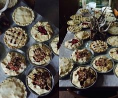 several pies and pie plates on a table