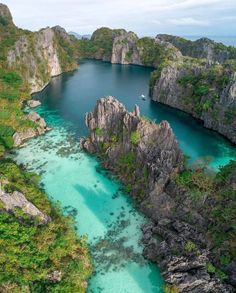 an aerial view of the blue lagoons in coron island, palawana