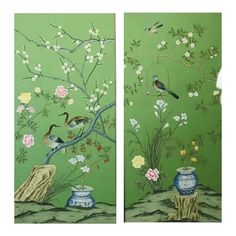 two paintings of birds and flowers on green wall