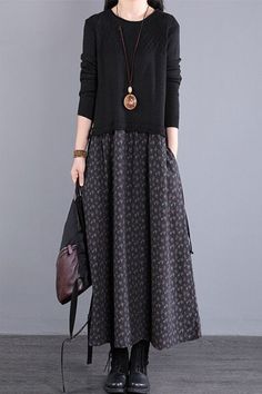 Fall Floral Stitching Long Dress Retro Black Knitted Dress Black Knitted Dress, Dresses Casual Fall, Hippie Style Clothing, Black Knit Dress, Quirky Fashion, Dress Retro, Womens Vintage Dresses, Pattern Flower, Knitted Dress