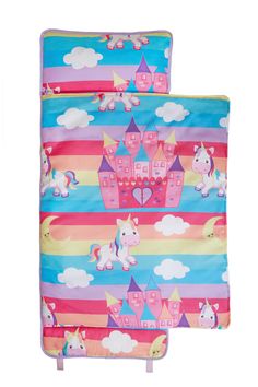 two children's bedding sets with unicorns and castle on rainbow colored stripes