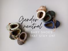 "Are you tired of losing your baby's shoes? Our gender-neutral green and brown low-rise baby booties have working leather ties to keep them put on those little wiggly feet! Our genuine leather soft soles allow babies to flex their feet freely, allowing your babe to feel comfortable and not restricted. No more fussy babies kicking off their shoes! Putting on our booties is a breeze! Simply slide that cute little foot into the bootie, and secure it with leather ties. We are so proud to use reclaim Leather Crochet, Neutral Green, Baby Kicking, Brown And Green, Neutral Baby Shower, Crib Shoes, Neutral Baby, Baby Booties