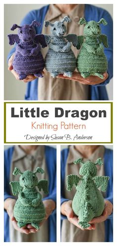 the little dragon knitting pattern is shown in three different colors