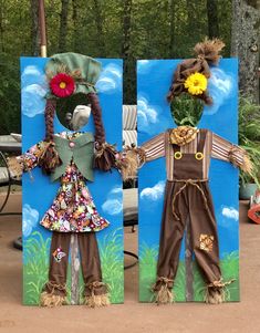 two paintings of children's clothes made out of cardboard