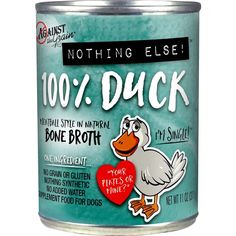 a can of canned dog food with an image of a duck holding a heart on it's side