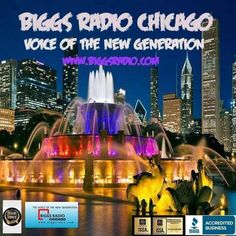 an advertisement for the big radio chicago voice of the new generation show in front of a cityscape