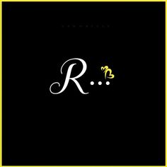 the letter r is written in cursive writing on a black background with a yellow border