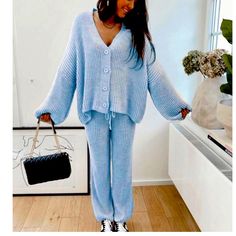 Sky Blue, Soft Material 30% Wool 70% Acrylic, One Size, Blue Casual Sets For Fall, Blue Clothing Sets For Fall, Blue Sets For Fall, Chic Blue Loungewear Sets, Chic Blue Sets For Loungewear, Womens Black Belt, Womens Black Jumpsuit, Chambray Pants, Pants And Top