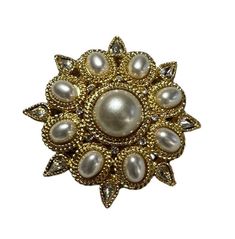 Measurements are 1"7 wide x  1"7 Length.  Beautiful pin by Kenneth Lane adorned with faux pearls and shiny clear rhinestones along with gold plated. This lovely brooch is stunning with lovely contrast of white and gold which stand out.   100% genuine Kenneth Lane in good condition and was made in USA. -----------------------------------------I SHIP WORLDWIDE------------------------------------------------- I want to stress that item is vintage which means it's not new. All my customers are very important to me and I believe communication is very important. I do not sell or encourage any one to sell fakes.  Not responsible for items lost, damage or packages that may be misdirected which are not insured. I do gladly combine shipping and items returned to me by the post office will be charged Gold Jeweled Brooches For Formal Occasions, Formal Gold Jeweled Brooches, Vintage Gold Brooch With Pearl Pendant, Gold Costume Jewelry Pins For Wedding, Vintage Pearl Gold Brooches, Vintage Gold Pearl Brooches, Gold Pearl Brooch Jewelry, Gold Brooch With Pearl Pendant For Wedding, Gold Wedding Brooch With Pearl Pendant