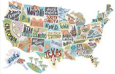 an illustrated map of the united states with words all over it in different colors and shapes