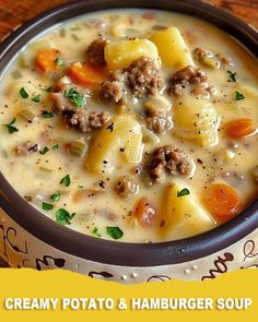 a bowl of creamy potato and hamburger soup