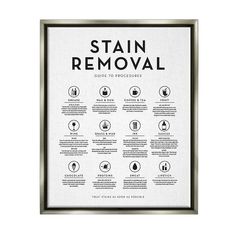 a black and white poster with the words stain removal on it, in front of a white background