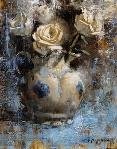 a painting of three white roses in a vase