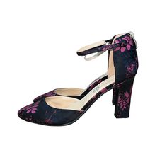 Liz Claiborne Women’s Style: Winnie Brocade Floral Pattern Heels Size 10 M Pumps Ankle Strap Zipper At Back Of Heel Colors: Black Pink Fuchsia Blue Heel Height: 3.75” New Without Tags Box Not Included Ready To Be Shipped To Your Home. Pink Heels With Heel Strap And Medium Width, Pink Heels With Ankle Strap, Pink Ankle-high Heels For Formal Occasions, Pink Ankle-high Heels With 4-inch Heel, Pattern Heels, Floral High Heels, Floral Heels, Blue Heels, Liz Claiborne