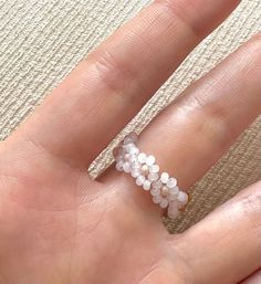 Cute Beaded Rings For Gifts, White Pearl Ring For Jewelry Making, Cute Handmade White Flower Ring, Delicate Handmade White Rings, Handmade Cute White Flower Ring, Handmade White Flower Ring In Cute Style, Handmade White Flower Ring, Cute Style, Handmade Adjustable White Flower Ring, Adjustable Handmade White Flower Ring