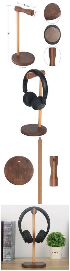 three different wooden shelves with headphones hanging from the top and bottom, along with an earphone holder on each shelf