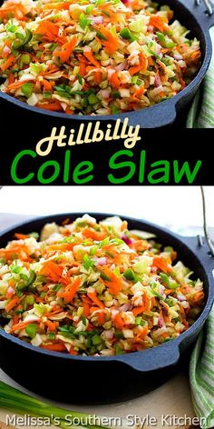 two pictures of coleslaw in a cast iron skillet