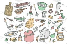 kitchen utensils and cooking supplies arranged in a circle on a white background illustration