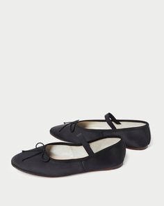 Soft ballet flat with bow detail in black satin. Features a padded leather footbed with gold stamped logo, an almond toe, and an elastic bridge strap. Soft Ballet Flats, Satin Ballet Flats, Spring Palette, Black Ballet Flats, Woven Bracelets, Blue Check, Summer Ready, Ballet Flat, Red Poppies