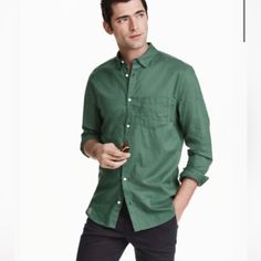 Men’s H&M Shirt In A Cotton Weave With A Concealed Button-Down Collar. Relaxed Fit. Size S. New With Tags! Green Relaxed Fit Shirt For Business Casual, Casual H&m Tops With Pockets, Green Cotton Shirt For Business Casual, Green Cotton Business Casual Shirt, H&m Summer Shirt For Everyday Wear, Green Casual Shirt For Business Casual, Green Casual Business Shirt, Green Business Casual Shirt, H&m Shirt For Everyday Spring Wear