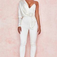 House Of Cb Willow Ivory Satin Jumpsuit Size Xs-Us 2-4 Never Worn White Long Sleeve Jumpsuits For Night Out, Elegant White Long Sleeve Jumpsuit, White Long Sleeve Jumpsuits And Rompers For Evening, White Long Sleeve Jumpsuits For Evening, Fitted White Pantsuit For Night Out, White Fitted Pantsuit For Night Out, White Long Sleeve Pantsuit For Party, Elegant White Jumpsuits And Rompers For Night Out, Elegant Beige Jumpsuits And Rompers For Night Out