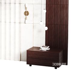 a white and brown room with a wooden cabinet next to a wall mounted light fixture