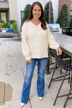 Walk into Lyla's for this sweater! This sweater features a textured detail, longsleeve, v neckline! The hemline is ribbed with a side slit! Make this your #OOTD 50th Clothing, Fall Booties, Fall Must Haves, Meeting Friends, Walk This Way, Cream Sweater, V Neckline