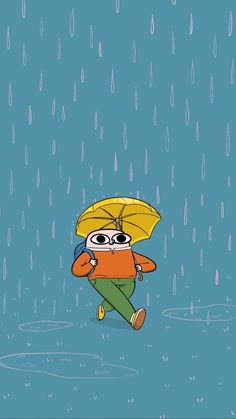 a cartoon character running in the rain with an umbrella over his head and eyes closed