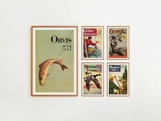 there are four posters hanging on the wall next to each other, including one with an orvis