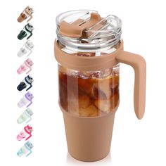 the coffee cup is filled with ice and has glasses around it to keep drinks warm