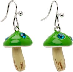 Pair of drop earrings in silver-tone brass. Enameled graphic charm in green with crystals at drop. · Hook fastening · H1.75 Available exclusively at SSENSE. Supplier color: Lime Green Dangle Earrings With Mushroom Design, Green Mushroom Design Dangle Earrings, Marni Jewelry, Green Mushroom, Mushroom Earrings, Jewelry Collection, Silver Tone, On Sale, Stuffed Mushrooms