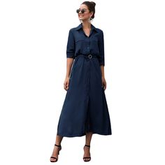 Navy Blue Button Down Split Maxi Shirt Dress Blue Collared Shirt Dress With Pockets, Summer Office Shirt Dress Button-up, Summer Button-up Shirt Dress For Office, Casual Button-up Maxi Dress With Button Cuffs, Blue Shirt Dress With Pockets For Work, Blue Collared Shirt Dress With Placket, Casual Solid Color Shirt Dress For Office, Button-up Shirt Dress With Buttoned Pockets For Work, Casual Solid Color Office Shirt Dress