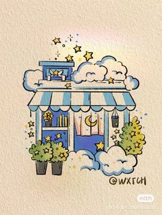 a drawing of a store with stars and clouds on the roof, next to potted plants