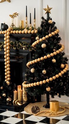 a decorated christmas tree in front of a fireplace