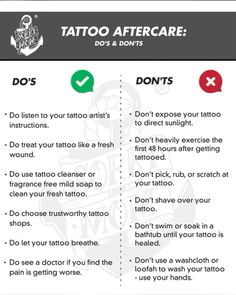 an info sheet with instructions on how to use tattoo aftercaree do's and don'ts