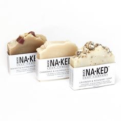 three different types of handmade soaps on white background with caption that says naked