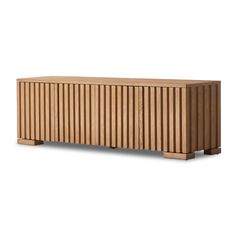 the sideboard is made out of wood and has vertical slats on one side