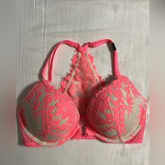 Brand New Feminine Pink Bra For Spring, Spring Pink Bra With Lace Trim, Party Pink Bra With Lace Trim, Pink Underwire Partially Lined Bra, Pink Push-up Bra With Lace Trim, Victoria's Secret Pink Bra With Built-in Bra, Pink Stretch Bra For Party, Victoria's Secret Pink Bra, Pink Stretch Party Bra