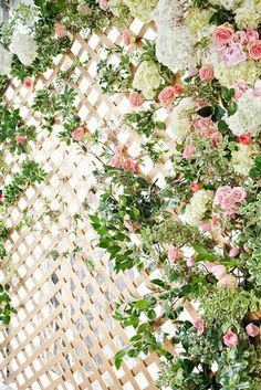 flowers are growing on the side of a wooden trellis with white and pink blooms