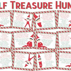 an elf's christmas message is shown in red and green with the words, elf treasure hunt